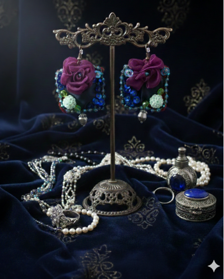 Šité dizajnové náušnice "Kráľovná noci"